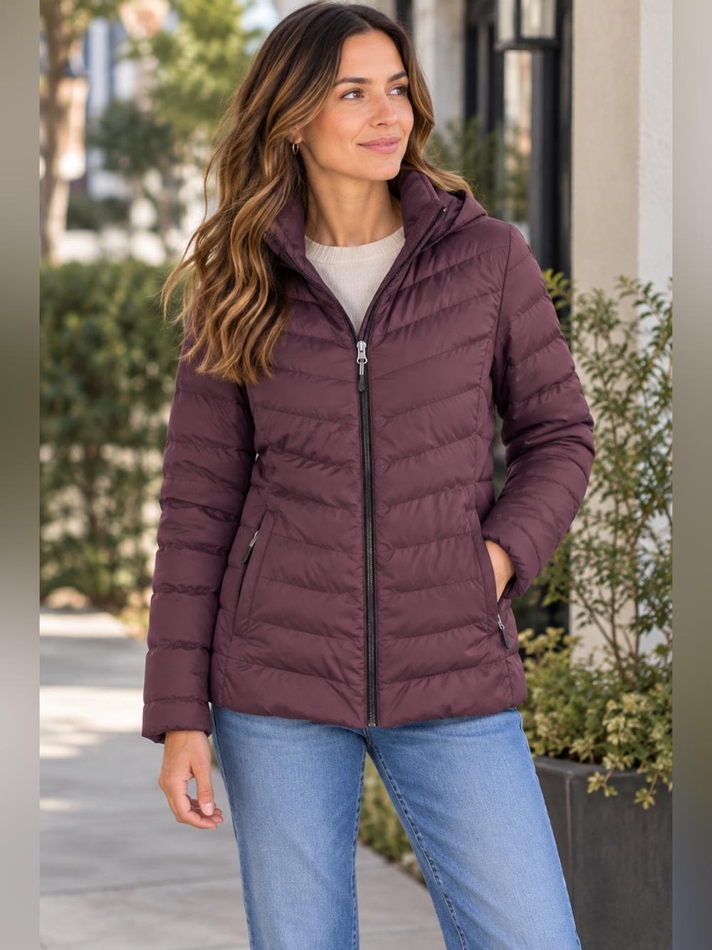 32 Degrees Heat Plum Lightweight Hooded Puffer Jacket Packable Coat Small